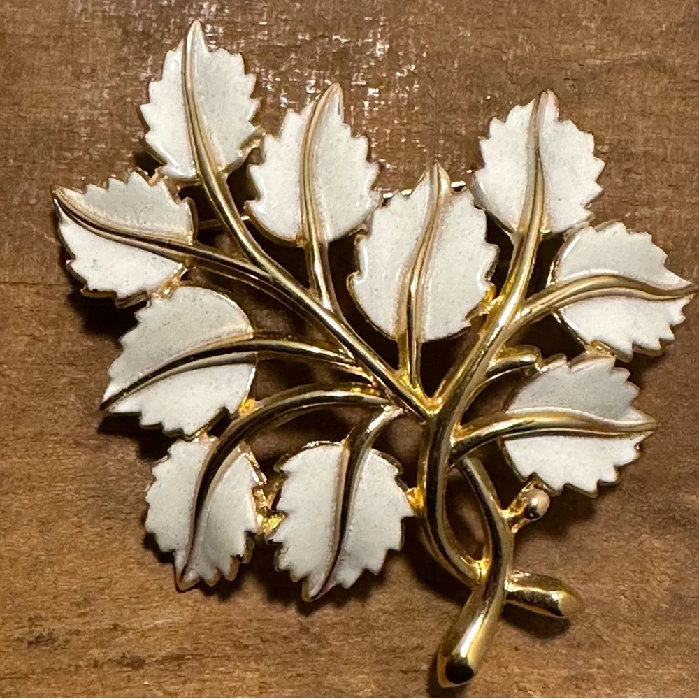 Trifari Vintage Brooch- White Enamel Leaves- Crown Trifari